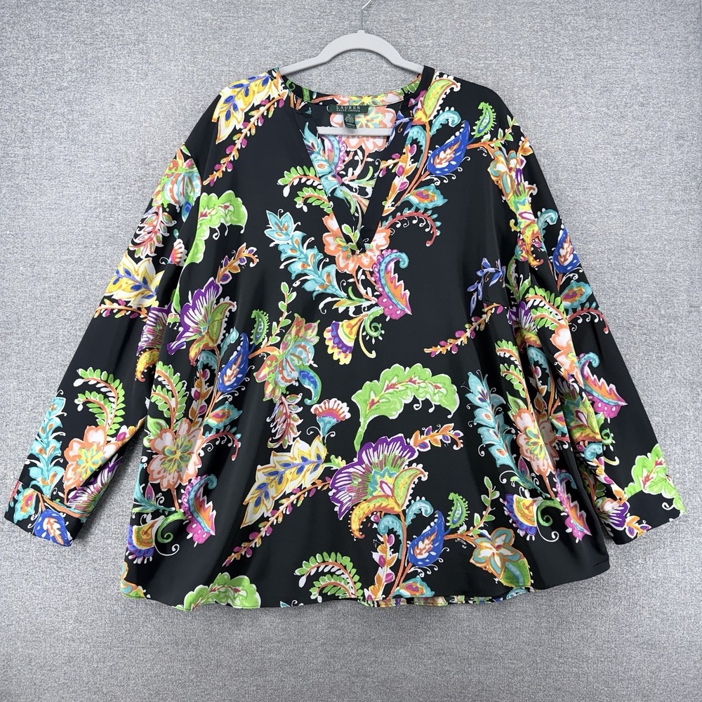 Lauren Ralph Lauren Blouse Top Women Size 3X Black Multicolor Floral Paisley